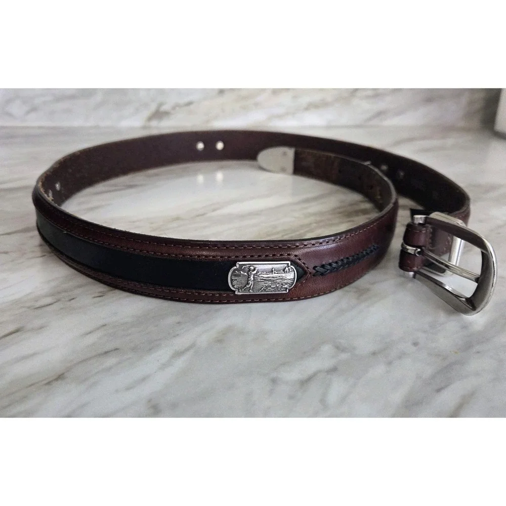 Men's Vintage Onyx by Brighton Golf Ornament Brown Leather Belt Two-Tone Size 36